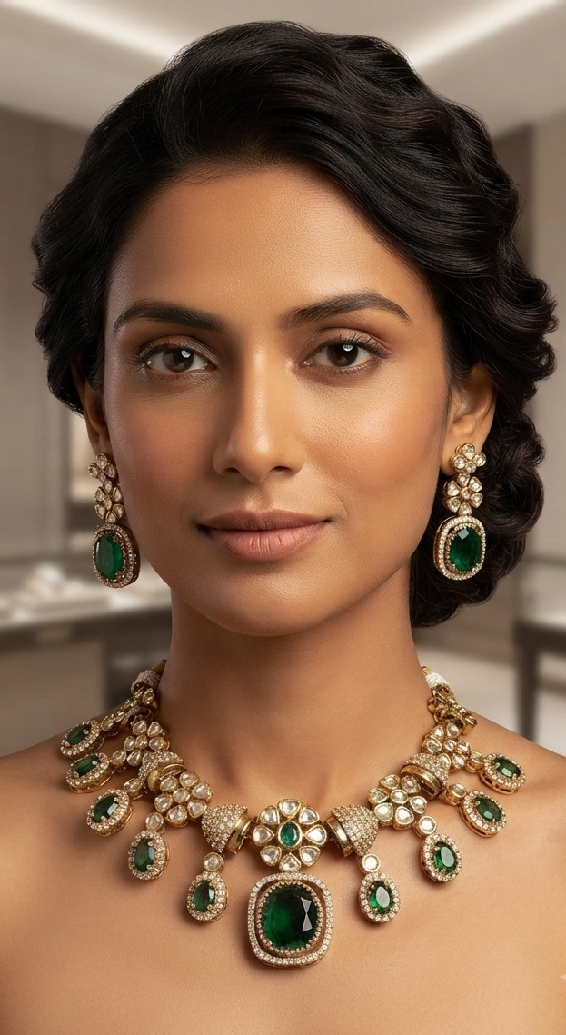 Emerald Green Statement Bridal Necklace Set with Matching Earrings | Gold-Tone Wedding Jewelry for Women - Image 2