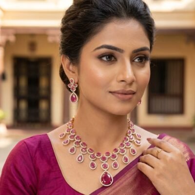 Pink Stone Bridal Necklace Set with Matching Earrings | Gold-Plated Statement Wedding Jewelry for Women