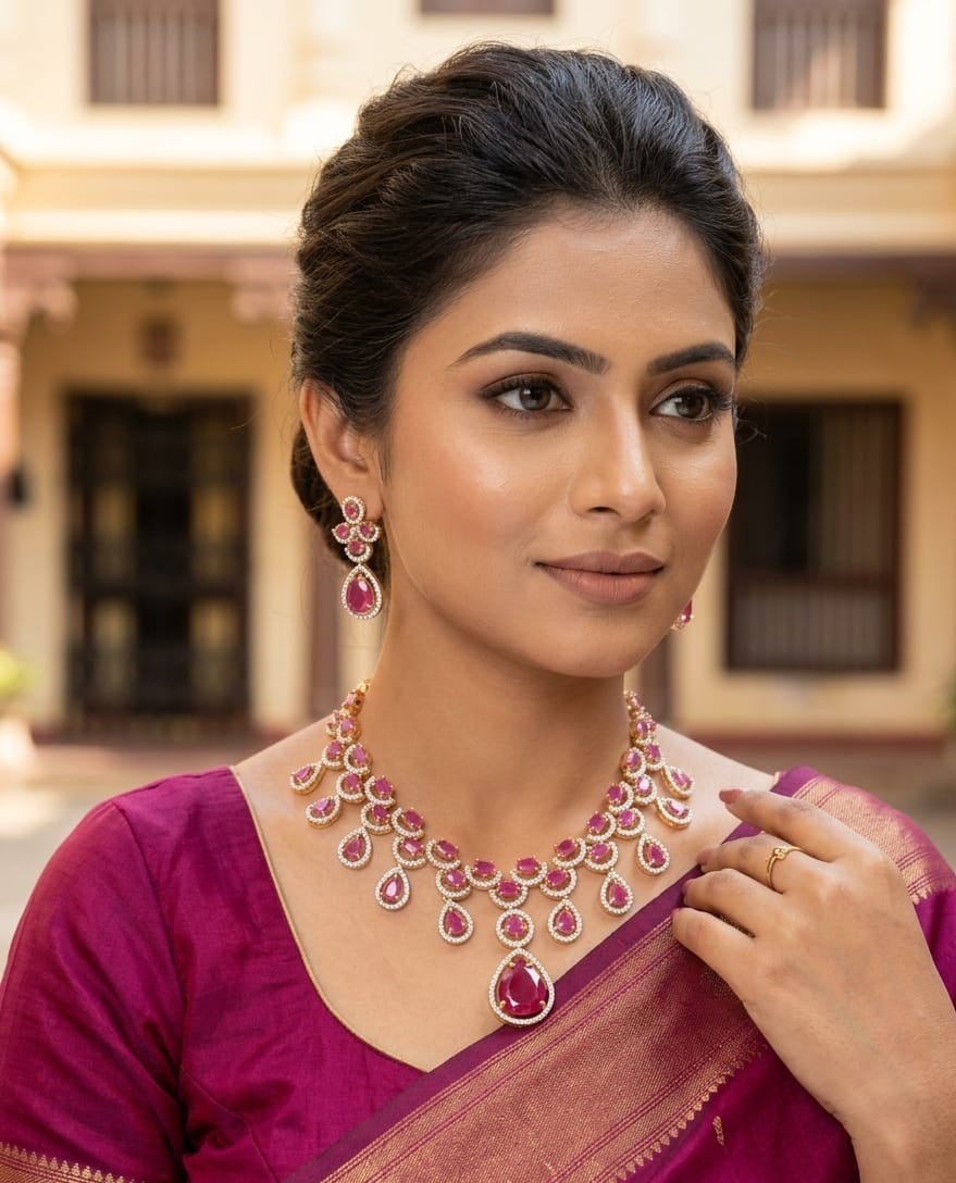 Pink Stone Bridal Necklace Set with Matching Earrings | Gold-Plated Statement Wedding Jewelry for Women
