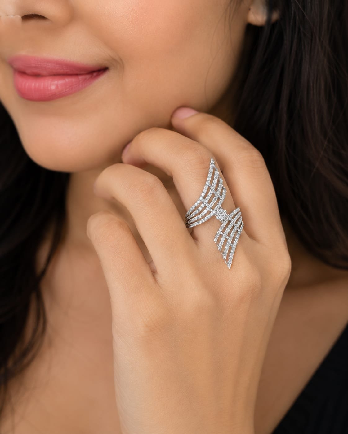 Luxury American Diamond Adjustable Open Ring for Women | Silver Finish Statement CZ Ring