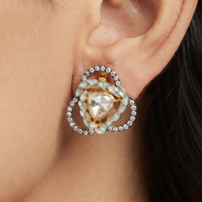 Gold-Tone Floral Crystal Moissanite Statement Earrings for Women | Designer Party & Wedding Drop Earrings