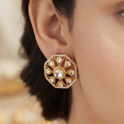 Gold-Tone Geometric Kundan Clip-On Stud Earrings for Women | Crystal Statement Earrings with Back Clip for Wedding & Party Wear