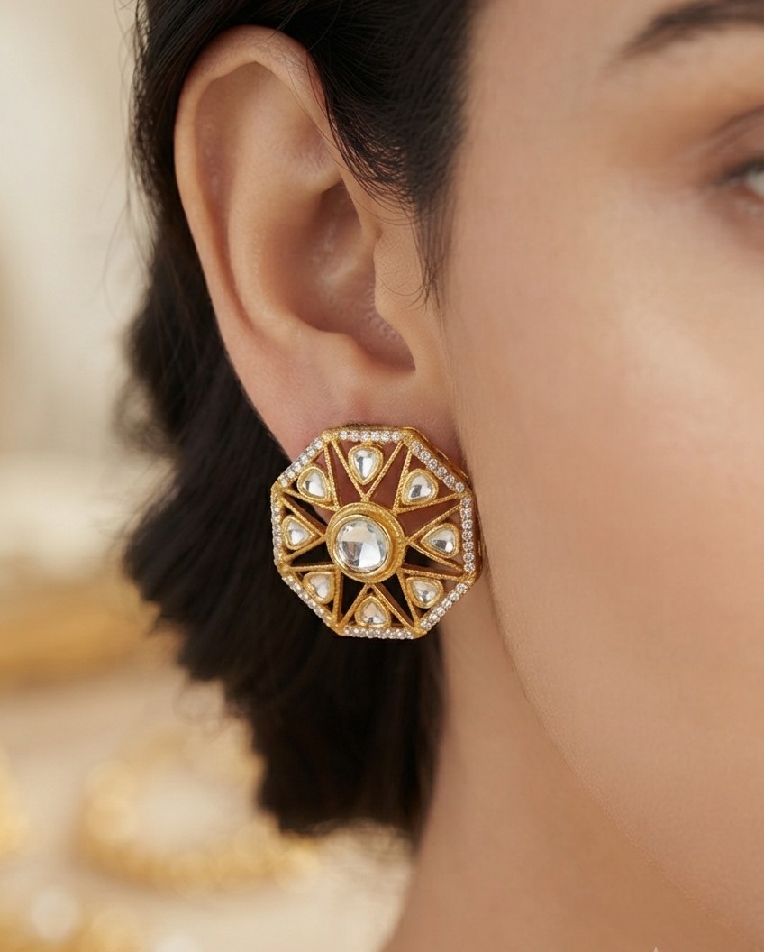 Gold-Tone Geometric Kundan Clip-On Stud Earrings for Women | Crystal Statement Earrings with Back Clip for Wedding & Party Wear