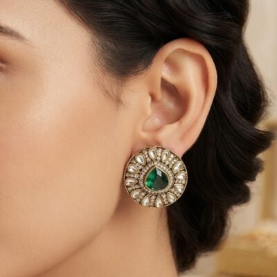 Emerald Green Kundan-Inspired Round Statement Stud Earrings | Antique Gold Finish | Ethnic Wedding Jewelry for Women