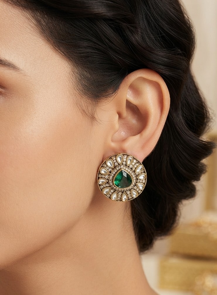 Emerald Green Kundan-Inspired Round Statement Stud Earrings | Antique Gold Finish | Ethnic Wedding Jewelry for Women