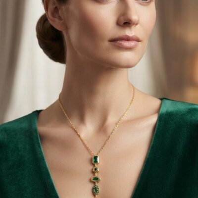 Anti-Tarnish Green Gemstone Drop Pendant Necklace for Women | Waterproof Gold Stainless Steel Necklace