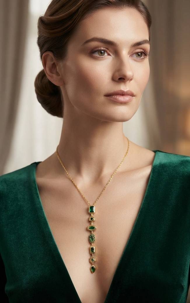 Anti-Tarnish Green Gemstone Drop Pendant Necklace for Women | Waterproof Gold Stainless Steel Necklace