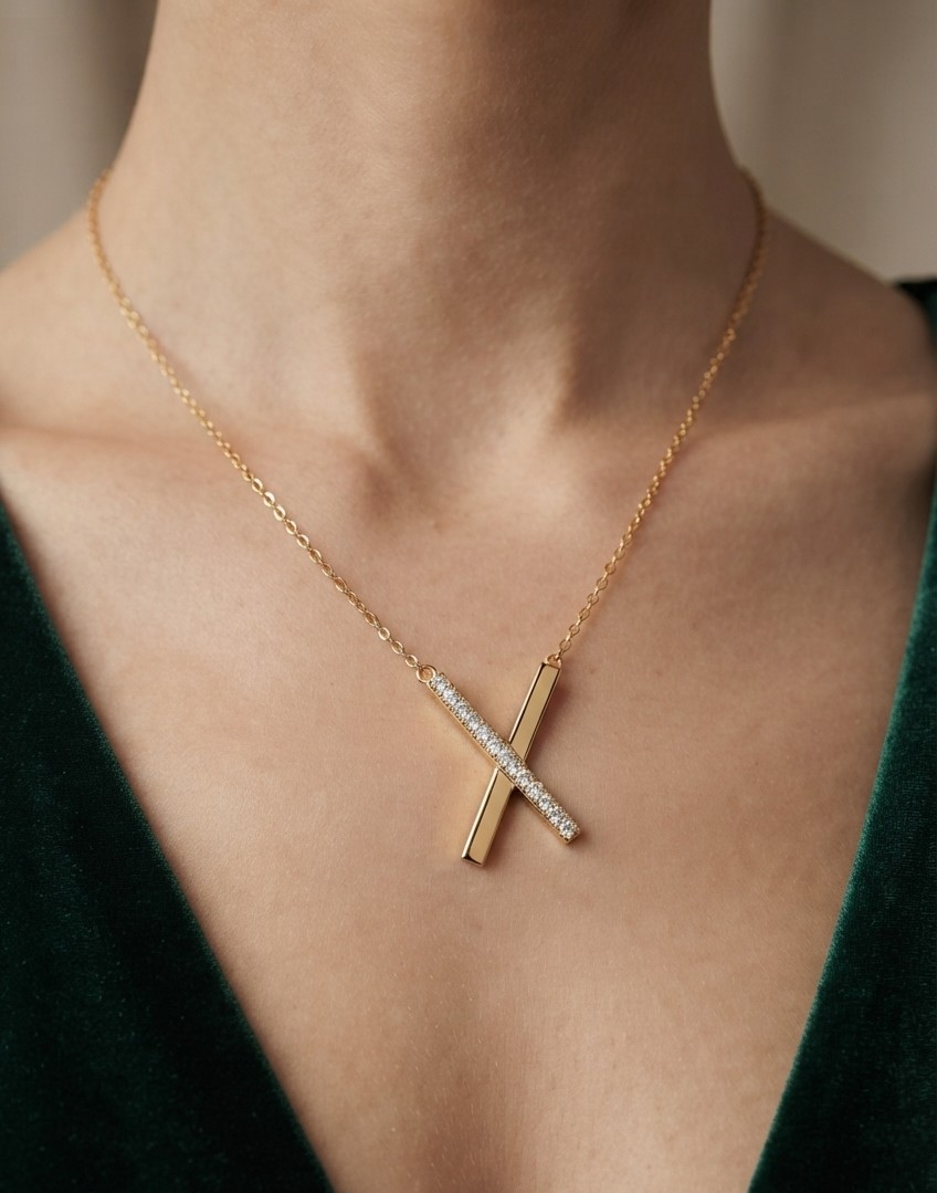 Anti-Tarnish Gold Cross Bar Pendant Chain for Women | Waterproof Stainless Steel Minimalist Chain