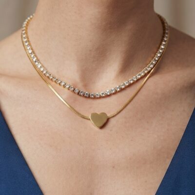 Anti-Tarnish Gold Heart Pendant Layered Necklace for Women | Waterproof Stainless Steel Double Layer Necklace