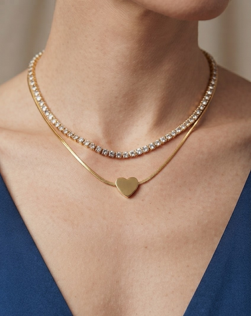 Anti-Tarnish Gold Heart Pendant Layered Necklace for Women | Waterproof Stainless Steel Double Layer Necklace