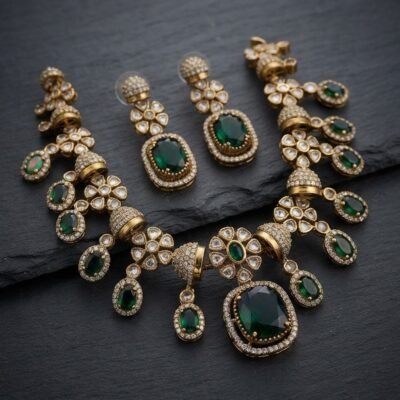 Emerald Green Statement Bridal Necklace Set with Matching Earrings | Gold-Tone Wedding Jewelry for Women