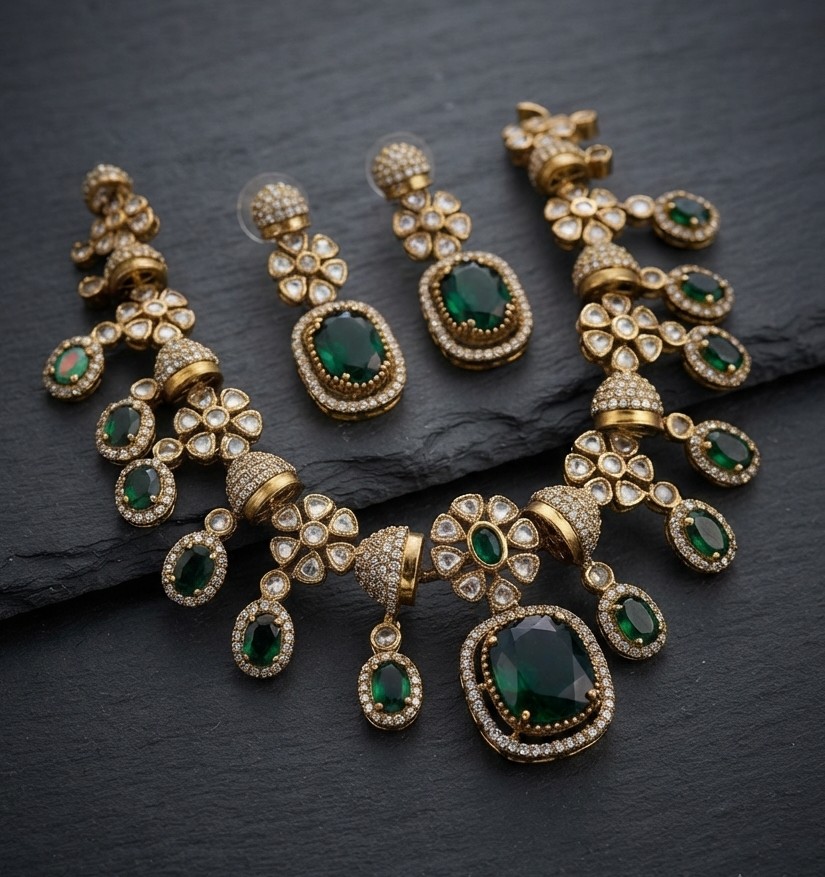 Emerald Green Statement Bridal Necklace Set with Matching Earrings | Gold-Tone Wedding Jewelry for Women