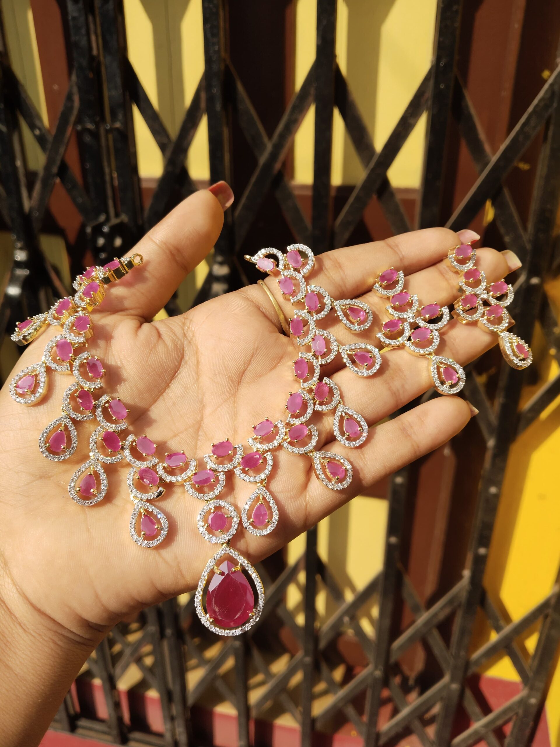 Pink Stone Bridal Necklace Set with Matching Earrings | Gold-Plated Statement Wedding Jewelry for Women - Image 2