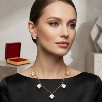 Pure Brass Gold-Plated Moissanite Kundan Necklace Set with Stud Earrings | Luxury Bridal Jewelry for Women