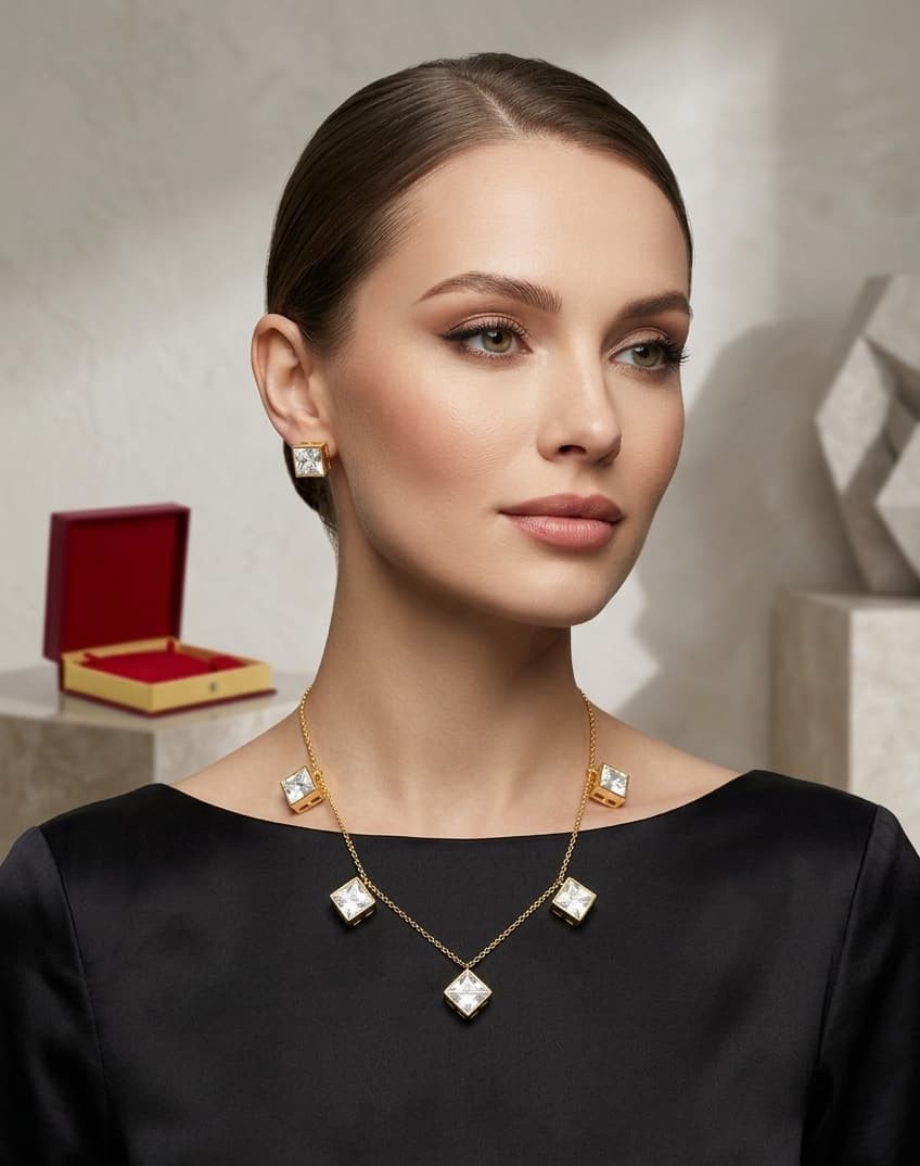 Pure Brass Gold-Plated Moissanite Kundan Necklace Set with Stud Earrings | Luxury Bridal Jewelry for Women