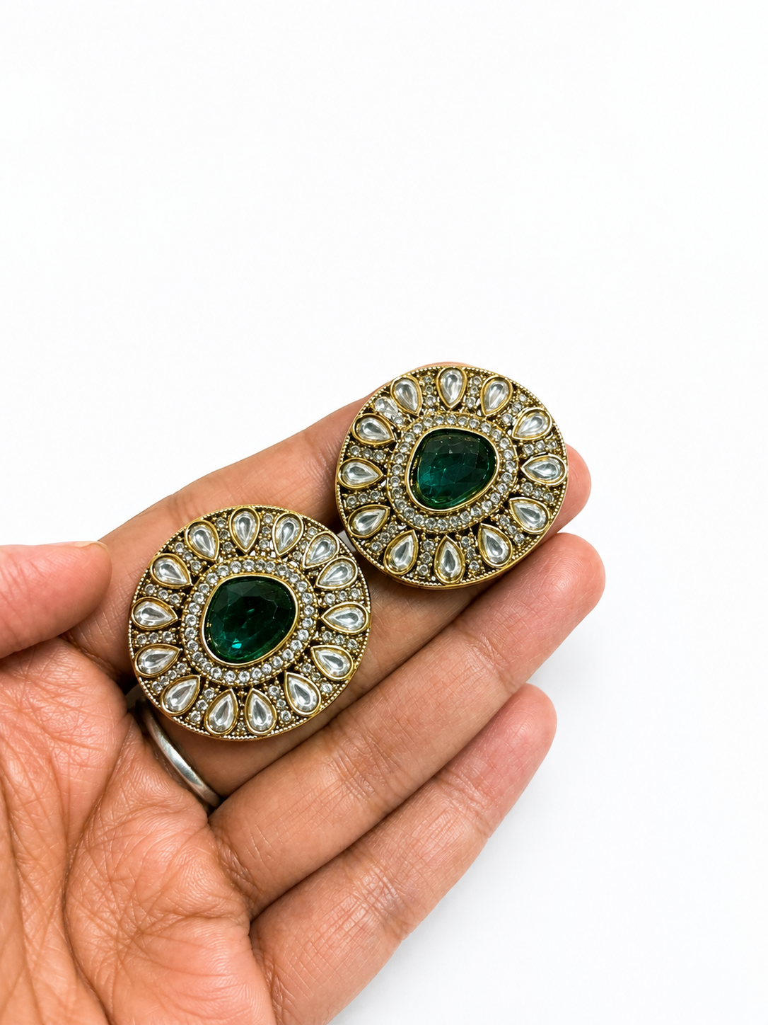 Emerald Green Kundan-Inspired Round Statement Stud Earrings | Antique Gold Finish | Ethnic Wedding Jewelry for Women - Image 4