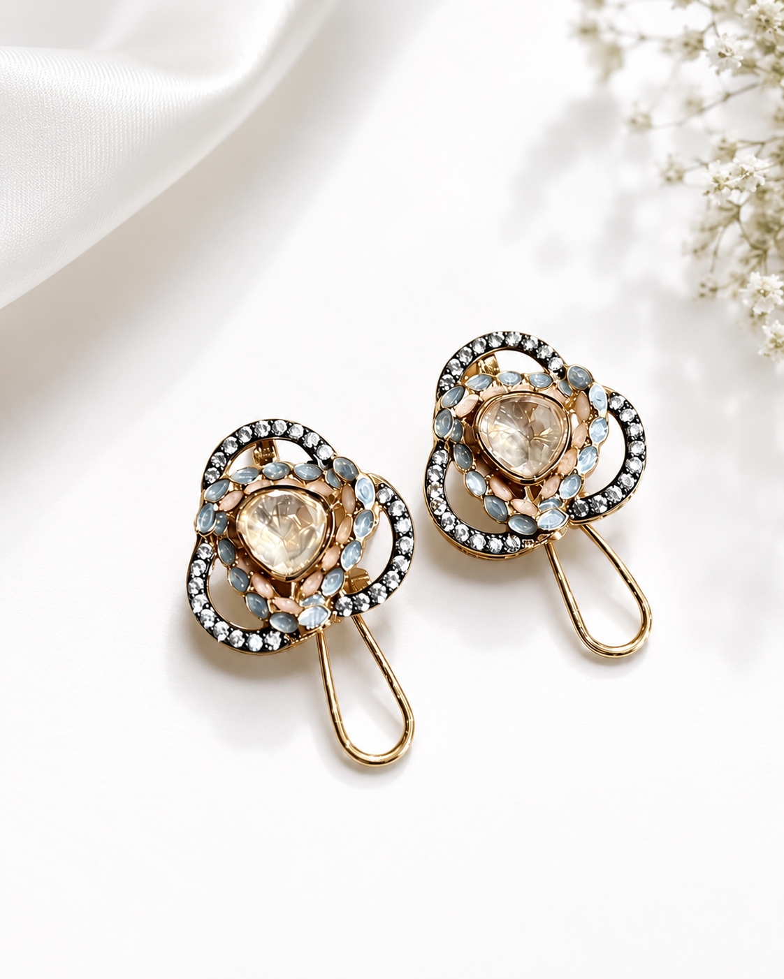 Gold-Tone Floral Crystal Moissanite Statement Earrings for Women | Designer Party & Wedding Drop Earrings - Image 3