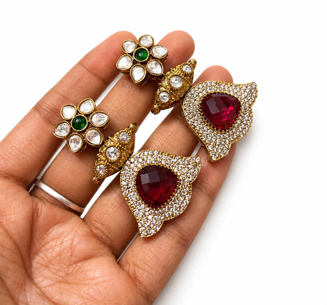Premium Brass Moissanite Ruby Statement Earrings | Designer Wedding & Festive Earrings - Image 3