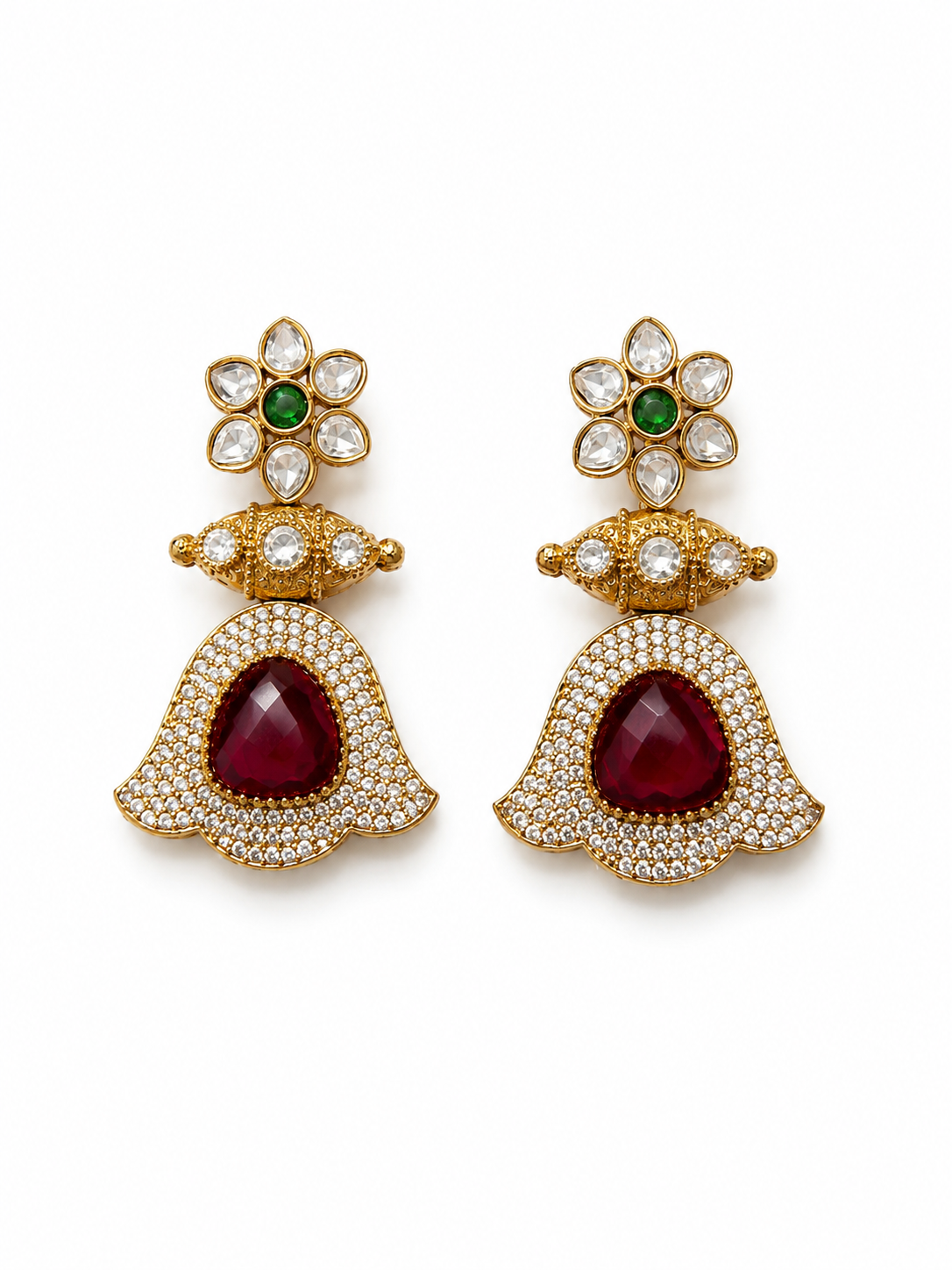 Premium Brass Moissanite Ruby Statement Earrings | Designer Wedding & Festive Earrings - Image 2