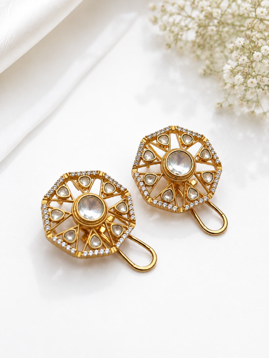 Gold-Tone Geometric Kundan Clip-On Stud Earrings for Women | Crystal Statement Earrings with Back Clip for Wedding & Party Wear - Image 3