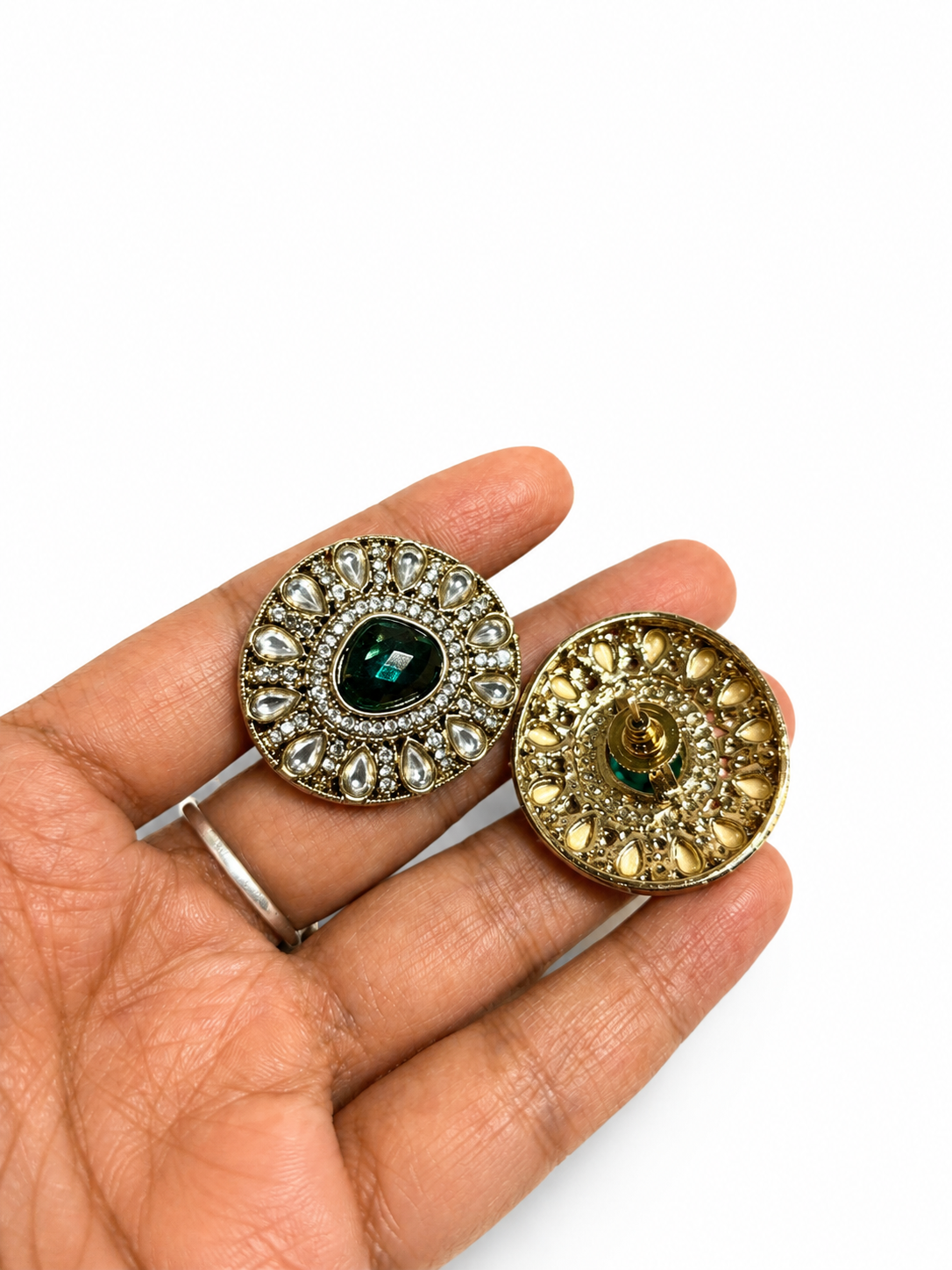 Emerald Green Kundan-Inspired Round Statement Stud Earrings | Antique Gold Finish | Ethnic Wedding Jewelry for Women - Image 3