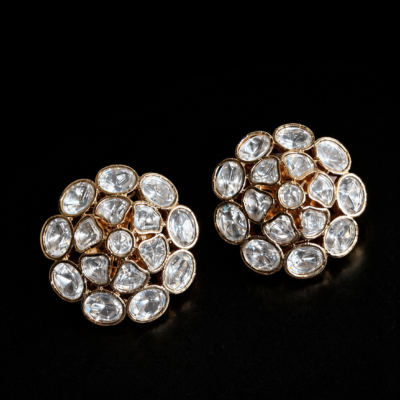 Gold-Tone Round Moissanite Stud Earrings for Women | Traditional Ethnic Statement Earrings for Wedding & Party Wear