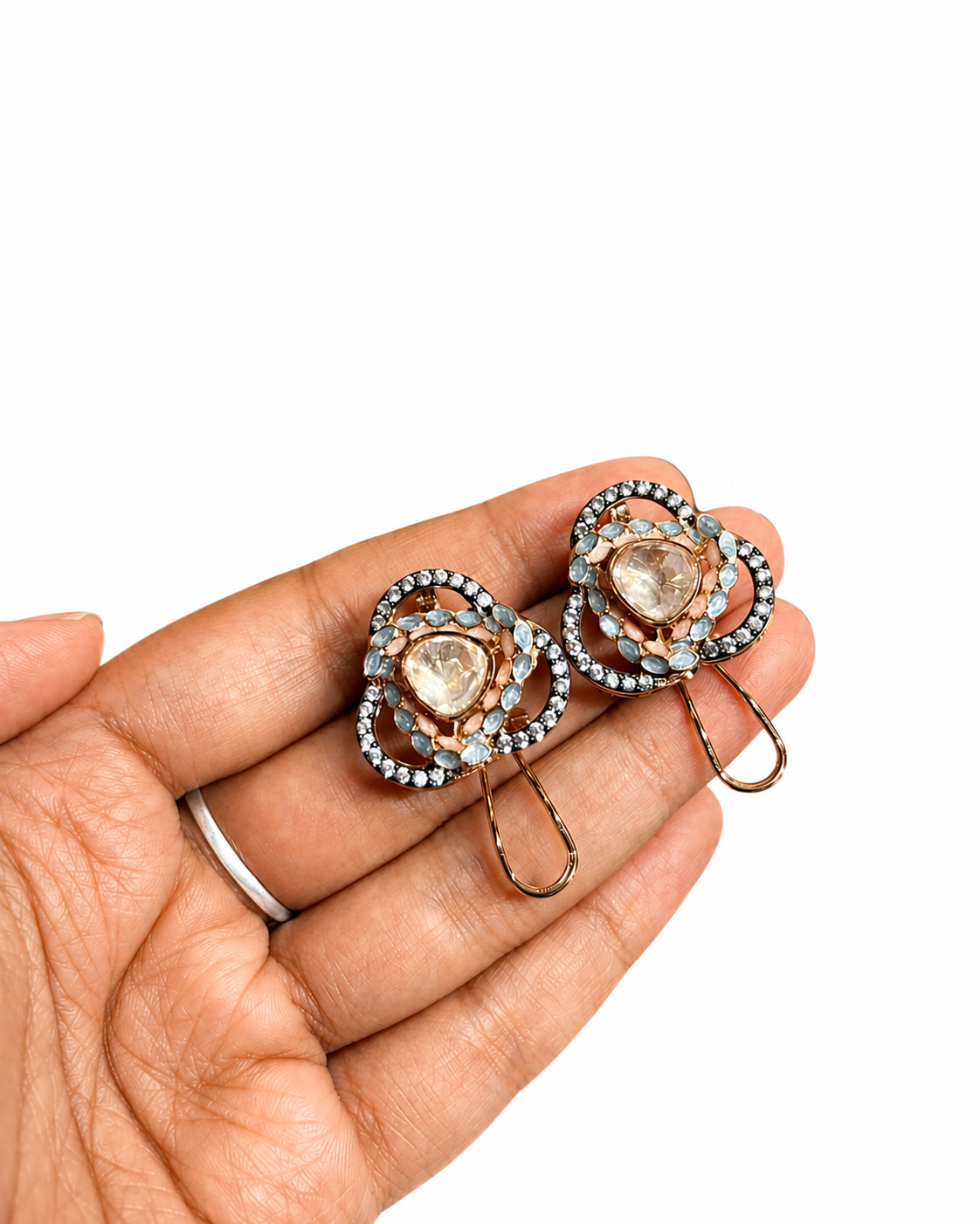 Gold-Tone Floral Crystal Moissanite Statement Earrings for Women | Designer Party & Wedding Drop Earrings - Image 2