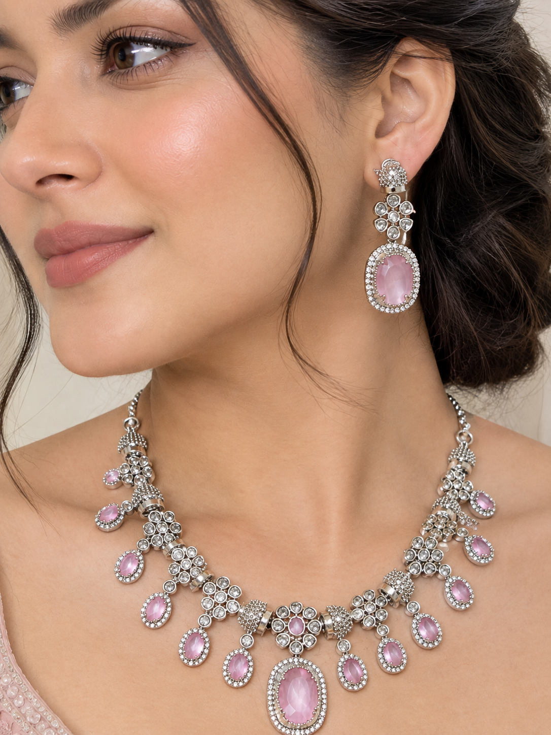 Pink American Diamond Necklace Set with Matching Earrings | Elegant Pink Stone Statement Jewellery Set for Women - Image 2