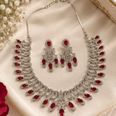 Red American Diamond Necklace Set with Matching Drop Earrings | Elegant Statement Jewellery Set for Women