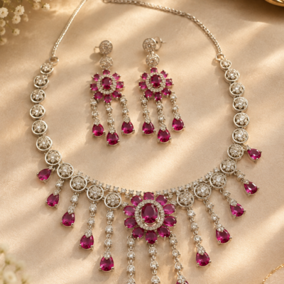 Ruby Pink American Diamond Necklace Set with Matching Drop Earrings | Statement Jewellery Set for Women