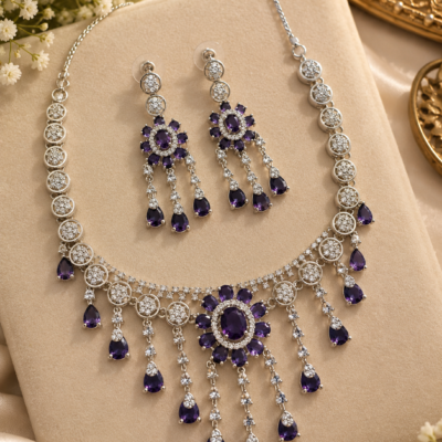Purple American Diamond Necklace Set with Matching Drop Earrings | Elegant Statement Jewellery Set for Women