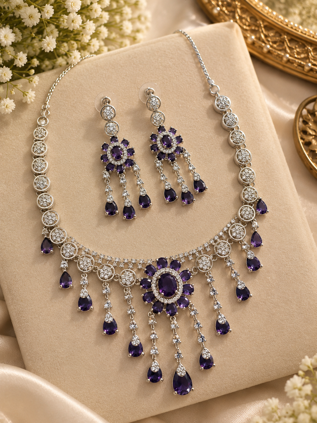 Purple American Diamond Necklace Set with Matching Drop Earrings | Elegant Statement Jewellery Set for Women