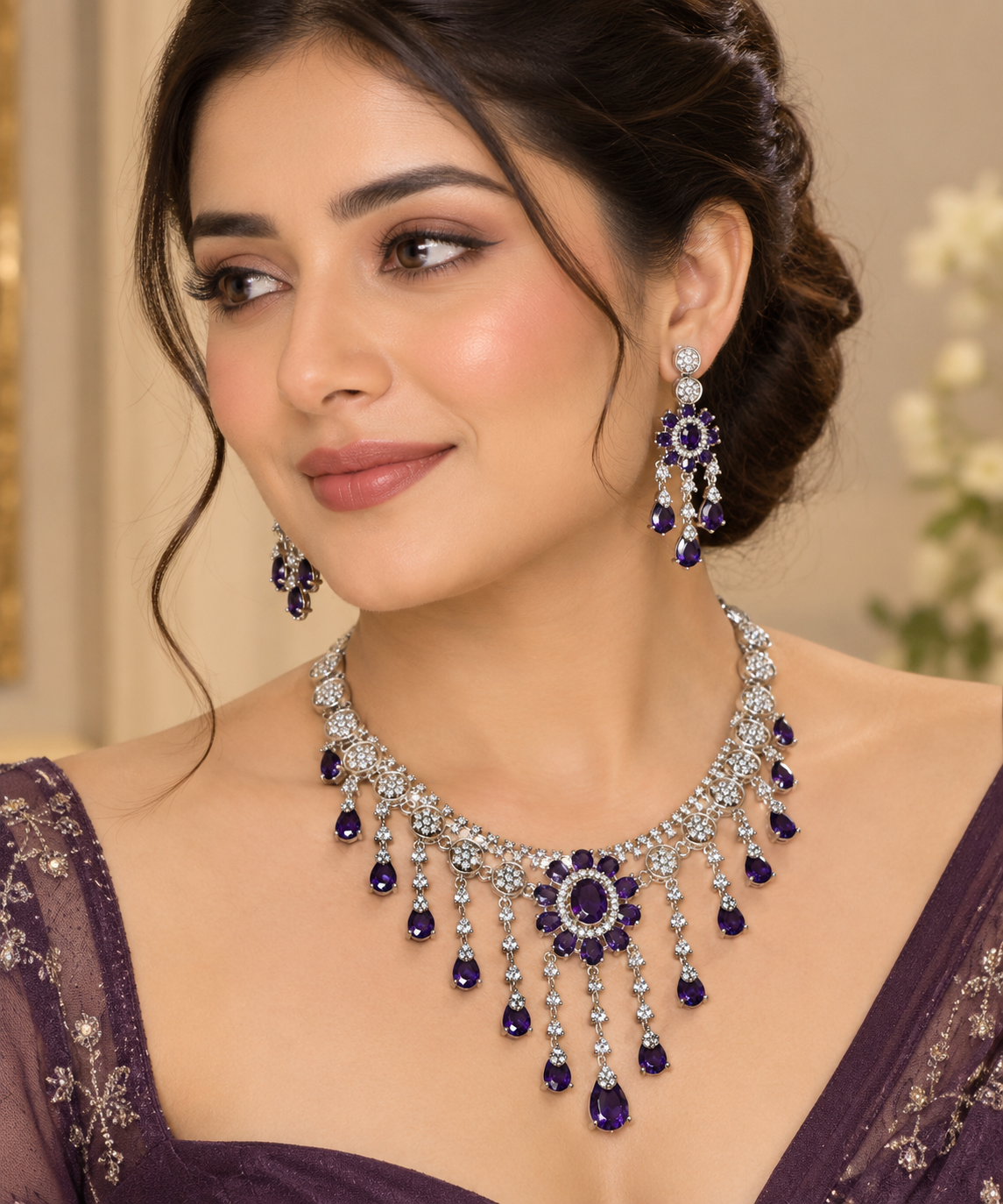 Purple American Diamond Necklace Set with Matching Drop Earrings | Elegant Statement Jewellery Set for Women - Image 2
