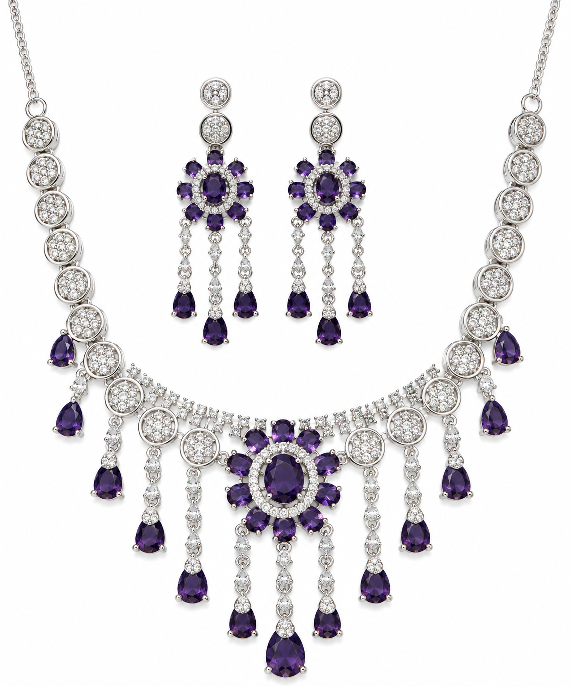 Purple American Diamond Necklace Set with Matching Drop Earrings | Elegant Statement Jewellery Set for Women - Image 3