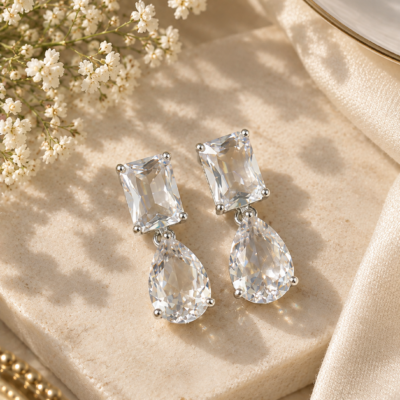 Elegant Clear Crystal Drop Earrings for Women | Rectangular & Teardrop Statement Earrings | Party & Wedding Jewellery