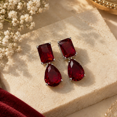 Ruby Red Crystal Drop Earrings for Women | Rectangular & Teardrop Statement Earrings | Party & Wedding Jewellery