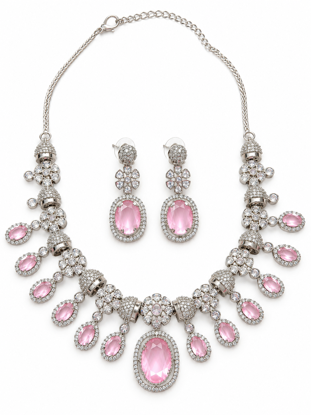 Pink American Diamond Necklace Set with Matching Earrings | Elegant Pink Stone Statement Jewellery Set for Women - Image 3