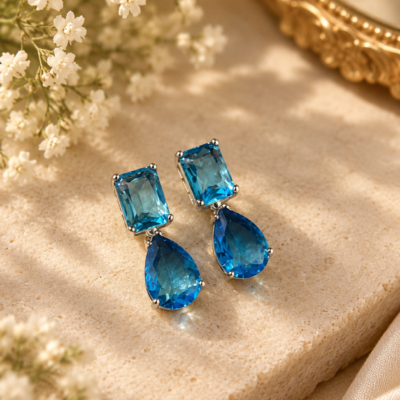 Elegant Blue Crystal Drop Earrings for Women | Rectangular & Teardrop Statement Earrings | Party & Festive Jewellery