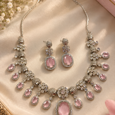 Pink American Diamond Necklace Set with Matching Earrings | Elegant Pink Stone Statement Jewellery Set for Women