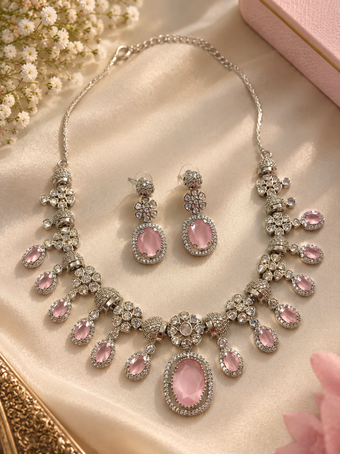 Pink American Diamond Necklace Set with Matching Earrings | Elegant Pink Stone Statement Jewellery Set for Women
