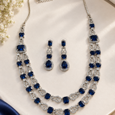 Royal Blue American Diamond Necklace Set with Matching Earrings | Elegant Statement Jewellery Set for Women